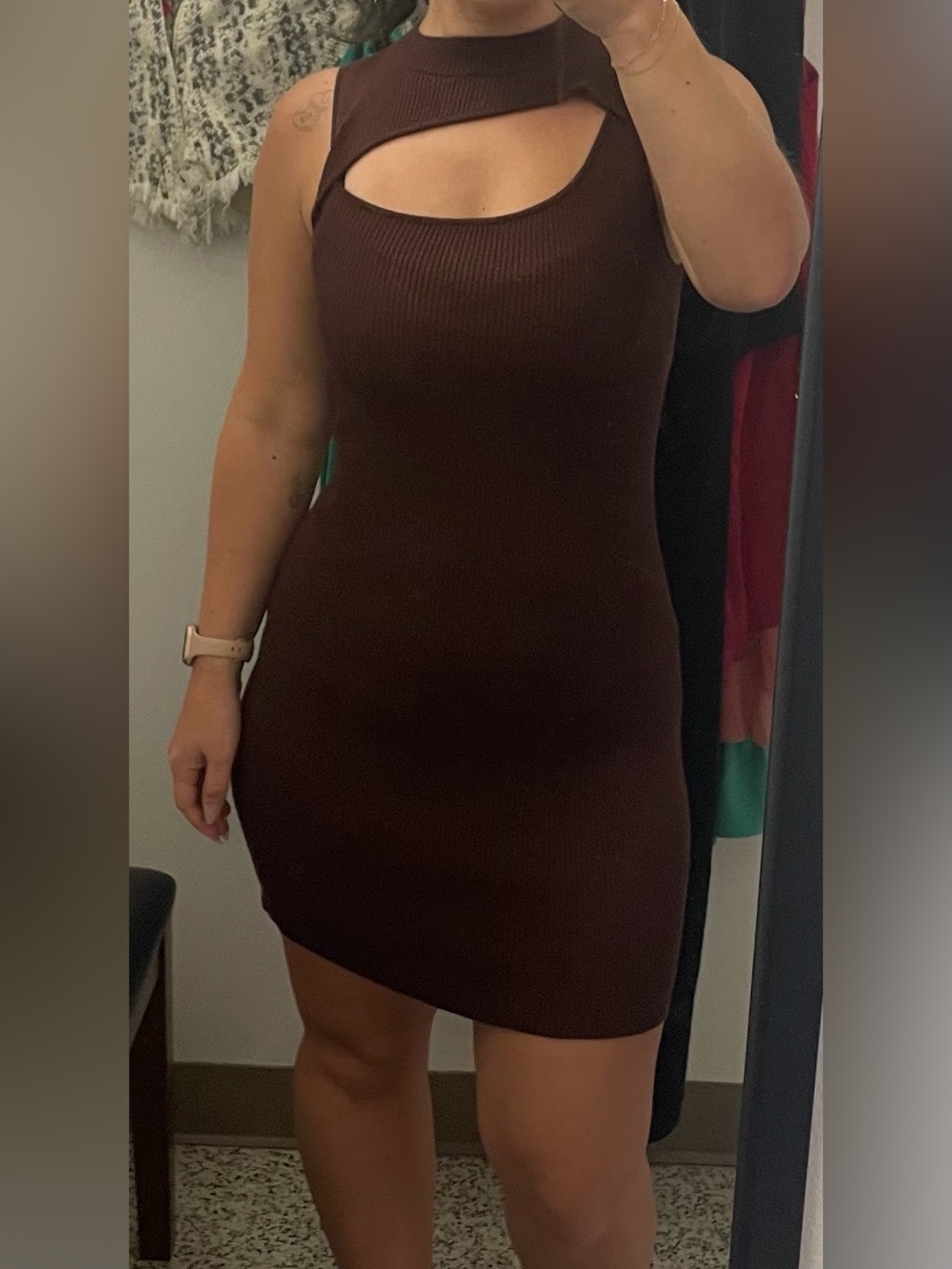 Pink Rose Sleeveless Cutout Knit Mini Dress in Chocolate Brown